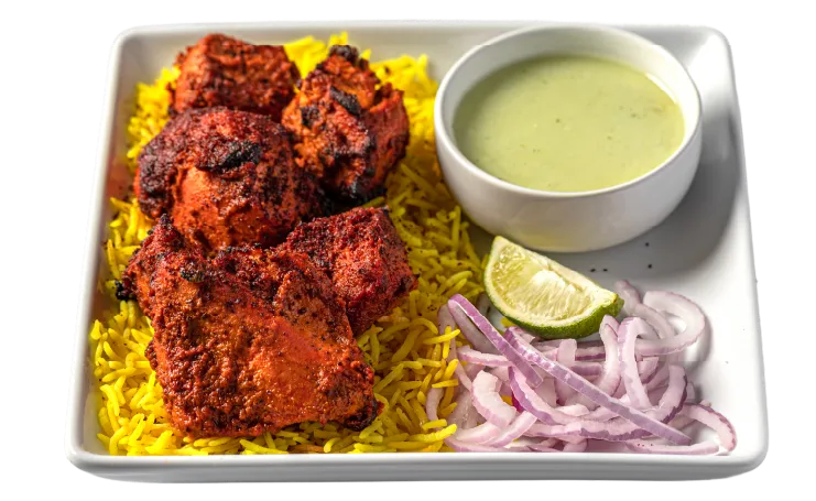 Raja Da Chicken Kabob with Rice - garlic-marinated grilled halal chicken kabobs with rice and raita